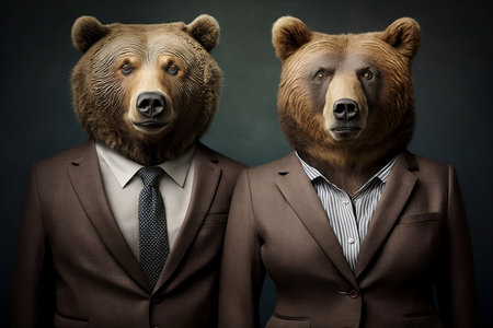 Two brown bears in business suits on dark background. Collage.の素材