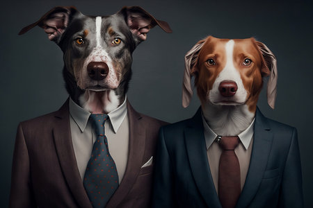 Portrait of two dogs in suit and tie on grey background.の素材