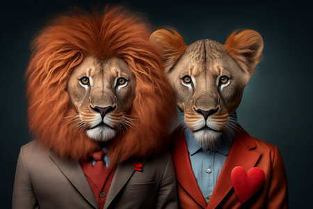 Lion and lioness in suits with heart on dark background.の素材