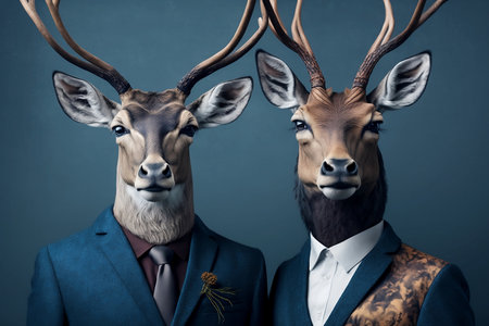 Funny deer heads in a blue suit and tie. Conceptual image.の素材