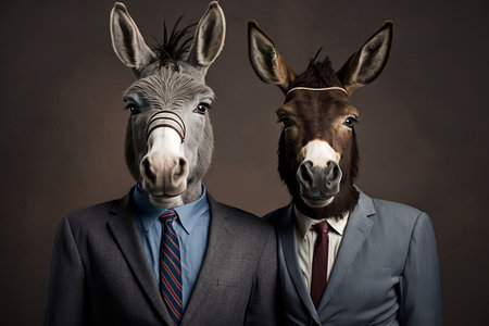 Two donkeys in a suit and tie on a dark background.の素材