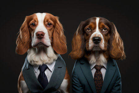 Portrait of three dogs in business suits on a black background.の素材