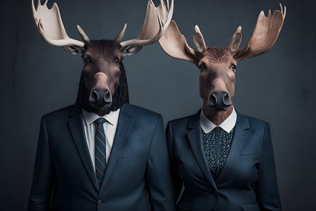 Businessmen with deer heads on a dark background. Business concept.の素材
