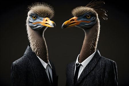 Portrait of a pair of birds in a business suit on a dark backgroundの素材