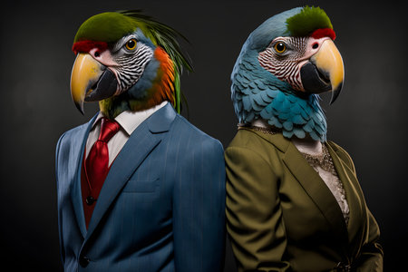Portrait of two parrots in a business suit on a black backgroundの素材