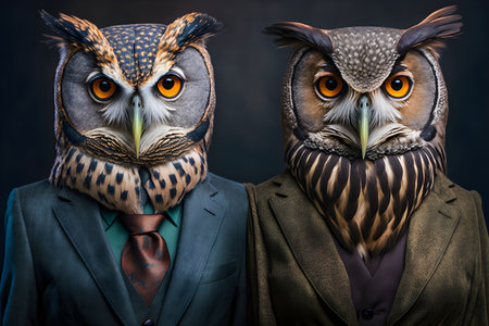 Two owls in a suit and tie on a dark background.の素材
