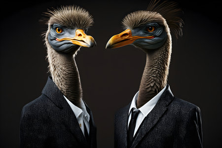 Portrait of a couple of birds in a business suit on a dark backgroundの素材