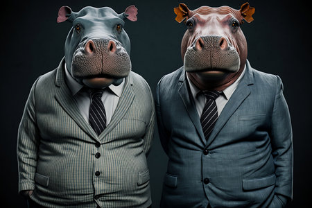 Portrait of two hippos in a business suit on black backgroundの素材