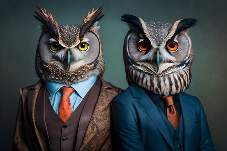 Two owls in a suit and tie on a dark background.の素材
