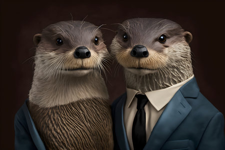 Two otters in a business suit and tie on a dark backgroundの素材