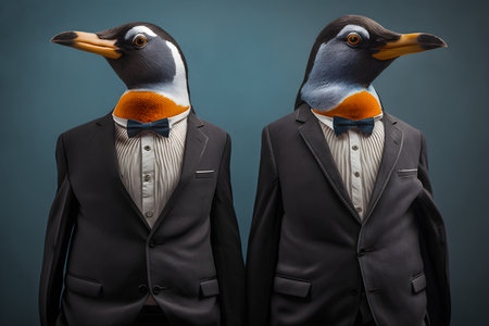 Penguins in a suit and bow tie on a blue backgroundの素材