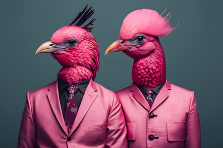 Portrait of a pair of pink parrots in a pink suit and tie.の素材