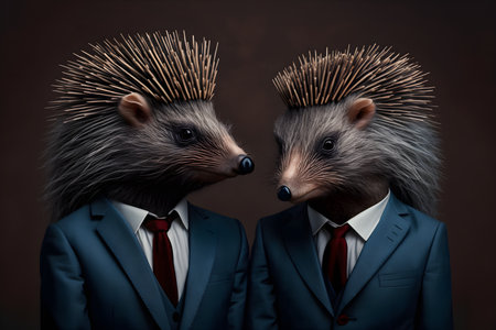 Hedgehogs in a suit and tie on a dark backgroundの素材