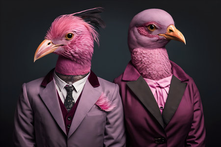 Two pink birds in a suit and tie on a black background.の素材