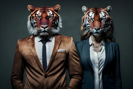 Businessman and businesswoman with a tiger on their faces. Business concept.の素材