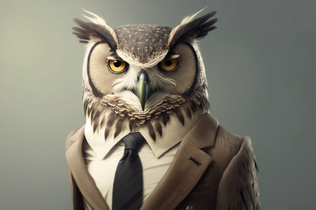 Owl wearing a business suit and tie on a gray background.の素材
