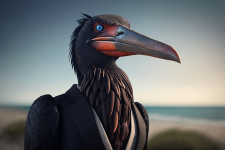 Portrait of a northern marabou bird at sunset on the beachの素材