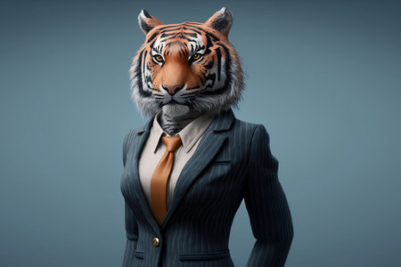 Businessman with a tiger head on his head. 3D renderingの素材