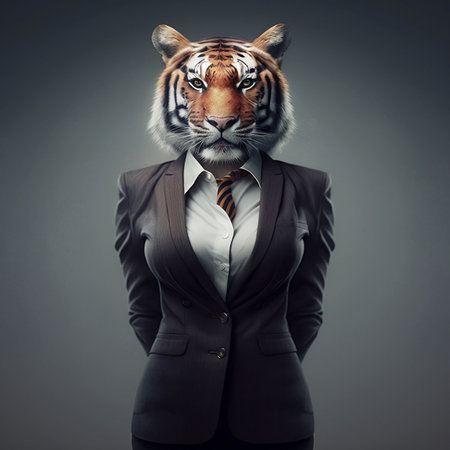 Businessman with tiger head in suit and tie on gray background.の素材