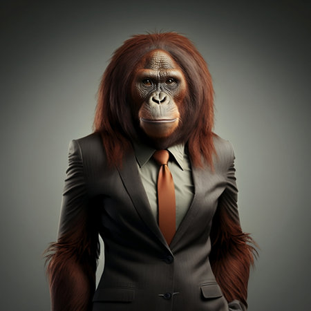Gorilla in a suit and tie on a gray background.の素材