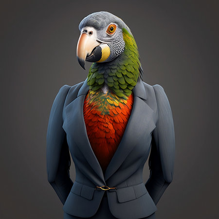 Parrot in a suit on a gray background. 3d illustrationの素材