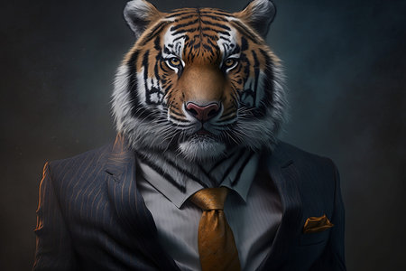 Portrait of a tiger in a suit and tie on dark backgroundの素材