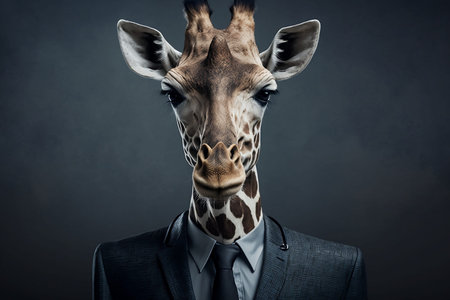 Giraffe head in suit and tie on dark background. Business conceptの素材
