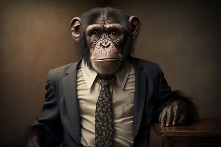 Monkey in a suit and tie sitting at a table on a grunge backgroundの素材