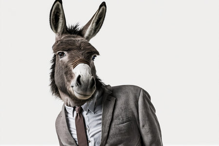 Portrait of a donkey in a suit on a white background.の素材
