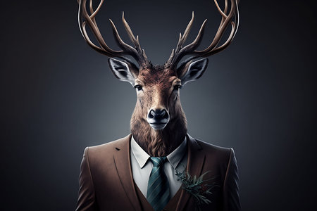 Funny deer in suit and tie on dark background. Mixed mediaの素材