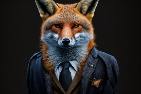 Portrait of a fox in a suit and tie on a black background.の素材