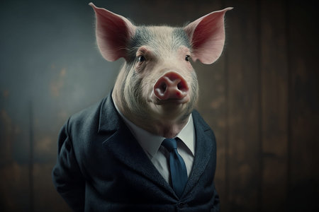 Portrait of a funny pig in a suit and tie on a wooden backgroundの素材