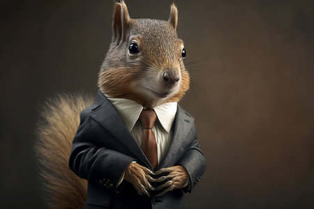 Portrait of a squirrel in a suit and tie on a dark backgroundの素材
