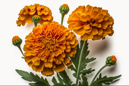 Marigold flowers isolated on white background. Marigold is a genus of flowering plants in the aster family Asteraceae.の素材