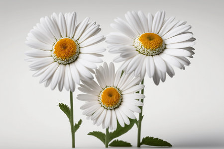 Three daisies on a white background, close-up.の素材