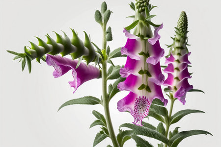 Purple foxglove flowers with green leaves isolated on white backgroundの素材