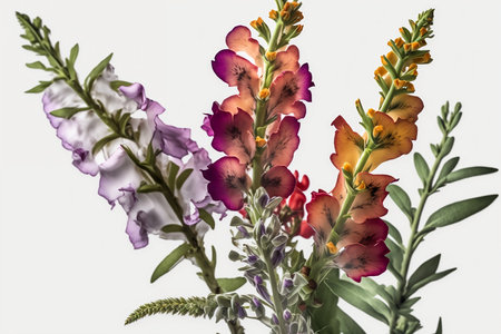 colorful flowers on white background, close up of colorful garden flowersの素材