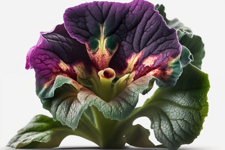 Close up of colorful petunia flower on white background with copy spaceの素材