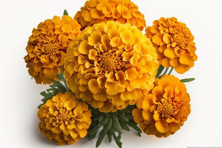 Marigold flowers isolated on white background. Top view. Flat lay.の素材