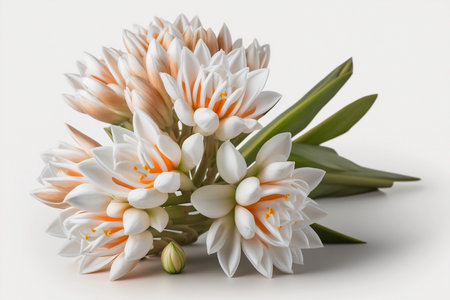 White and orange crocus flower bouquet on white background, close upの素材