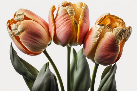Bouquet of orange and yellow tulips isolated on white backgroundの素材