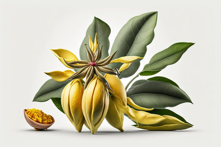 Illustration of yellow flower with green leaves isolated on white background.の素材
