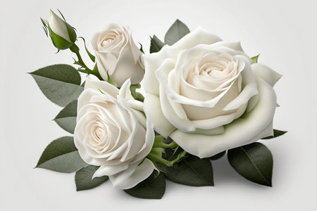 Bouquet of white roses with green leaves on a white backgroundの素材
