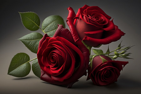 Bouquet of red roses with green leaves on a dark backgroundの素材