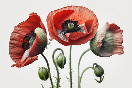 Red poppies isolated on white background. 3D illustration.の素材
