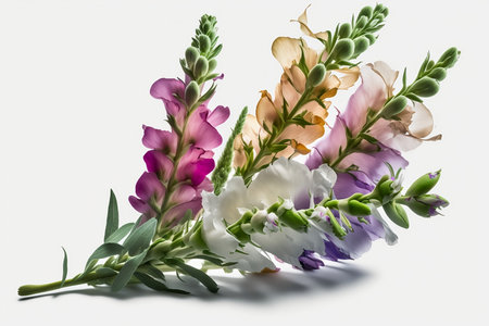 Multicolored flowers of gladiolus on a white background.の素材