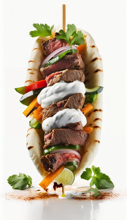 Beef Shish kebab with vegetables and sauce on white backgroundの素材