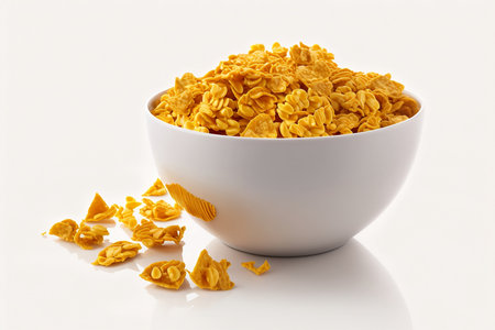 Cornflakes in a bowl on a white background with reflection.の素材