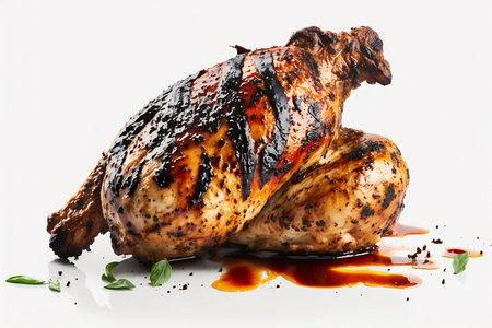 roasted chicken with sauce on a white background, close-upの素材