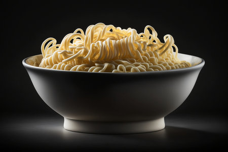 close up of a bowl of noodles on a dark background with copy spaceの素材